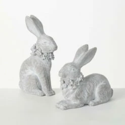 Brand new 😀 Sullivans Whitewashed Resting Decorative Bunny Sculpture - Set Of 2 👍