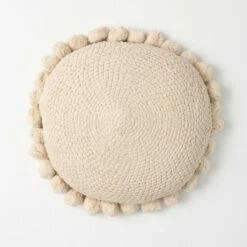 Wholesale 😀 Sullivans Ecru Pom Pom Round Pillow 💯