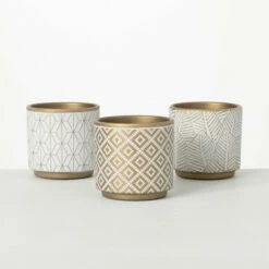 Discount ⭐ Sullivans Small Gold Ceramic Planters With Mod Motif - Set Of 3 ⌛