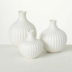 Promo 🎁 Sullivans Ribbed White Bottle Ceramic Vase - Set Of 3 😀
