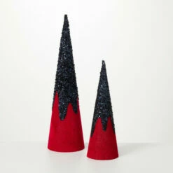Wholesale 🔔 Sullivans Glitter Velvet Cone Tree - Set Of 2 - 6.5"L X 6.5"W X 23.5"H; 5.5"L X 5.5"W X 16.5"H 😀
