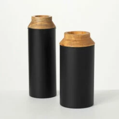 Flash Sale ⭐ Sullivans Wood Vase With Black Wrap - Set Of 2 😉