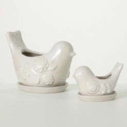 Deals 😍 Sullivans 4 In. And 7.5 In. Raised Floral Bird Planter - Set Of 2; White 🔔