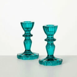 Brand new 👍 Sullivans 4 In And 4.5 In Teal Glass Candlestick Holders - Set Of 2; Blue - 2.75"L X 2.75"W X 4.5"H; 2.75"L X 2.75"W X 4"H 💯