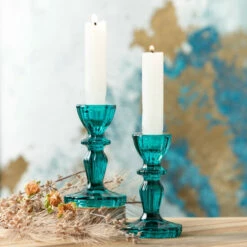 Brand new 👍 Sullivans 4 In And 4.5 In Teal Glass Candlestick Holders - Set Of 2; Blue - 2.75"L X 2.75"W X 4.5"H; 2.75"L X 2.75"W X 4"H 💯 -Sullivans Sales unnamed file 5090