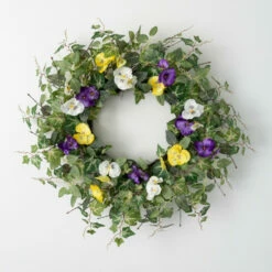 Budget ⌛ Sullivans Artificial Pansy Greens Mix Wreath; Purple ⌛